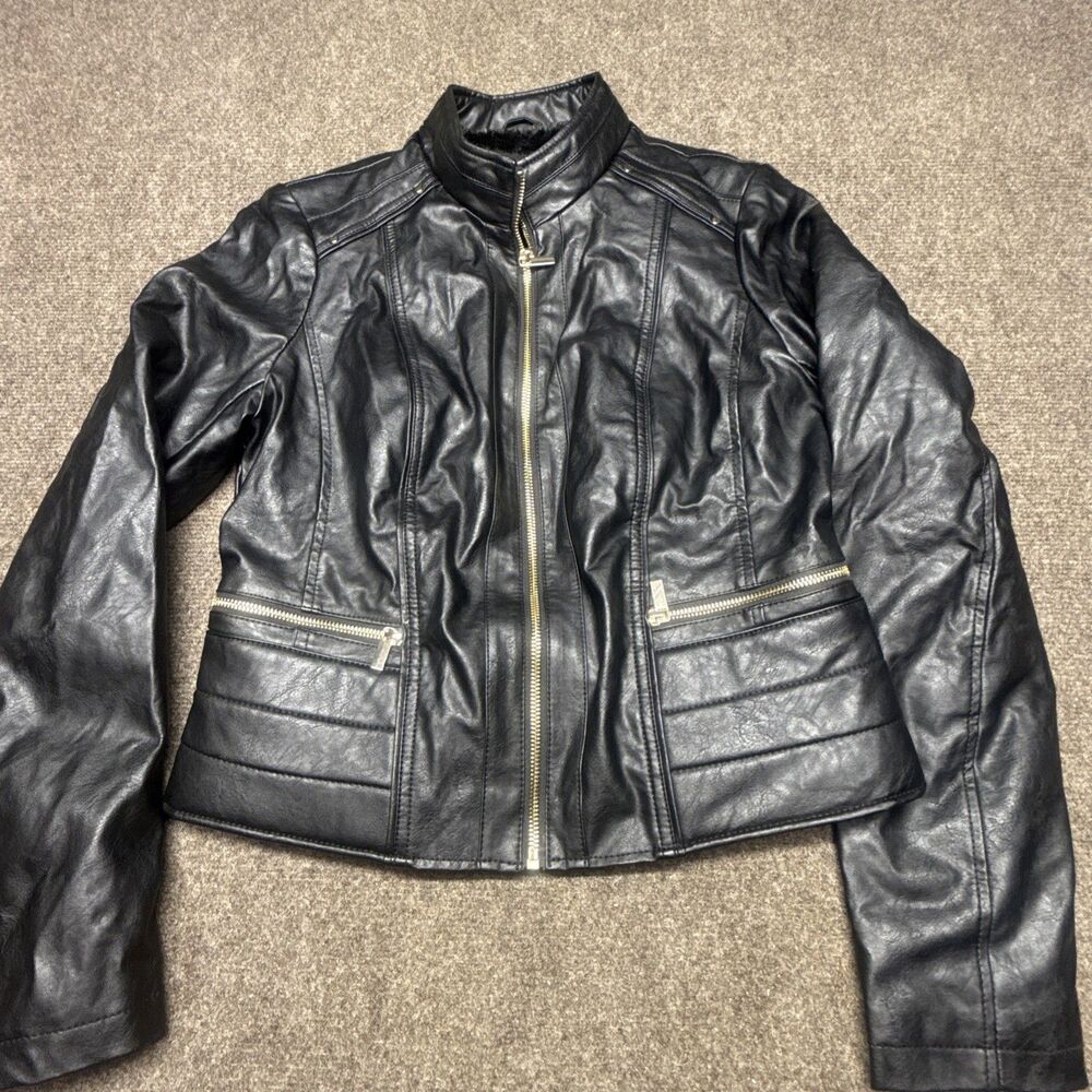 Women’s Medium Guess Black Soft Genuine Leather Fur Lined Motorcycle Jacket